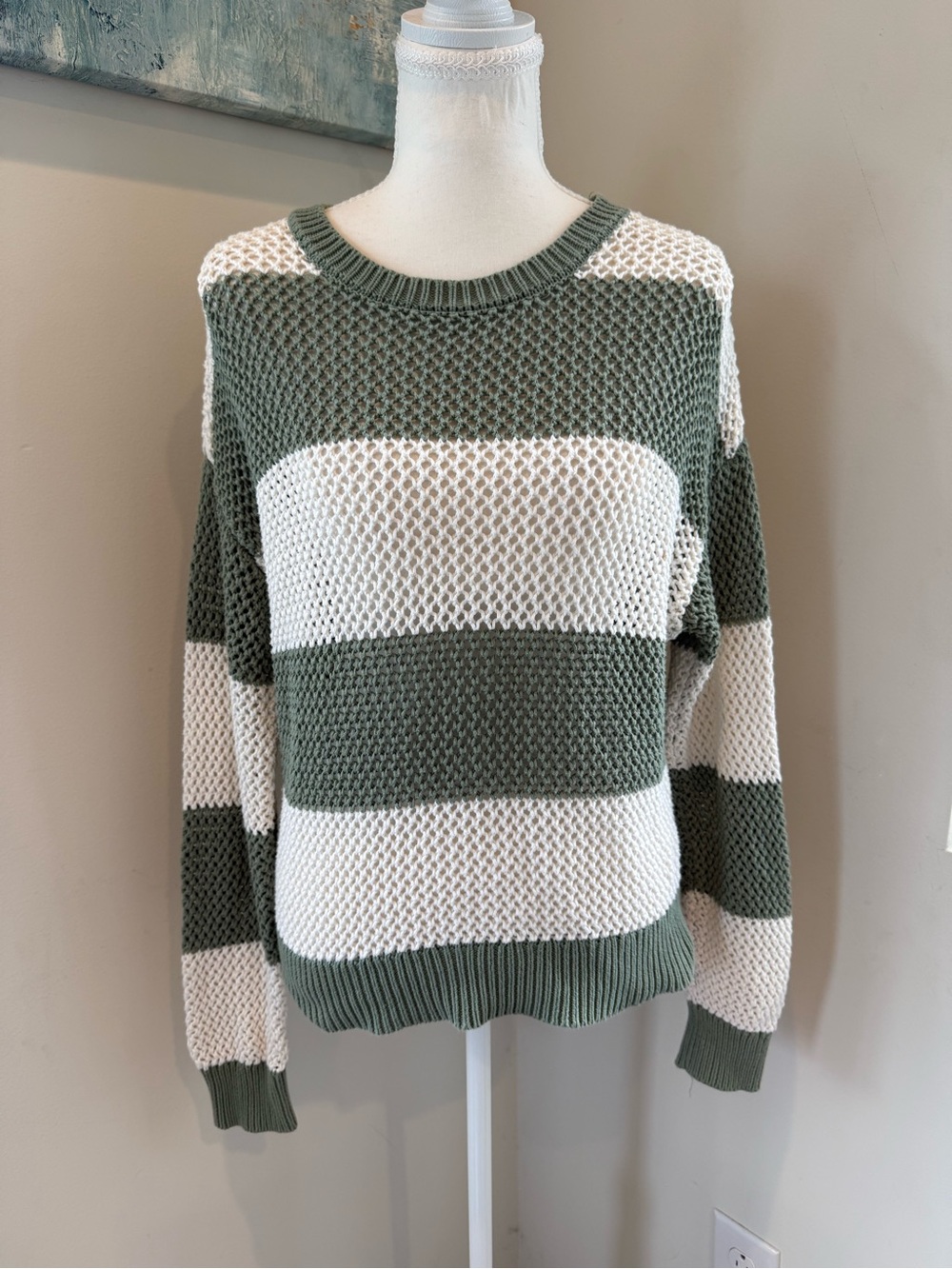 Z Supply Olive and Cream Striped Open-Knit Crew Sweater
